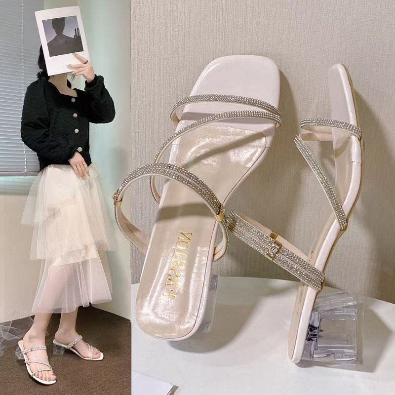 High-heeled Sandals New Two Wear Crystal Thick-heeled Rhinestones Fairy Style Fashion One-word Belt