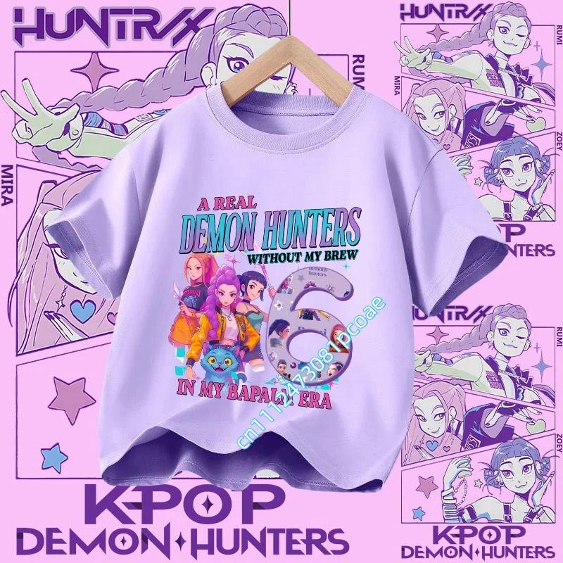 New K Pop Demon Huntersd T-shirt for Children Cartoon Birthday Number Printed T Shirts Girls Short Sleeves Tops Kids Clothing