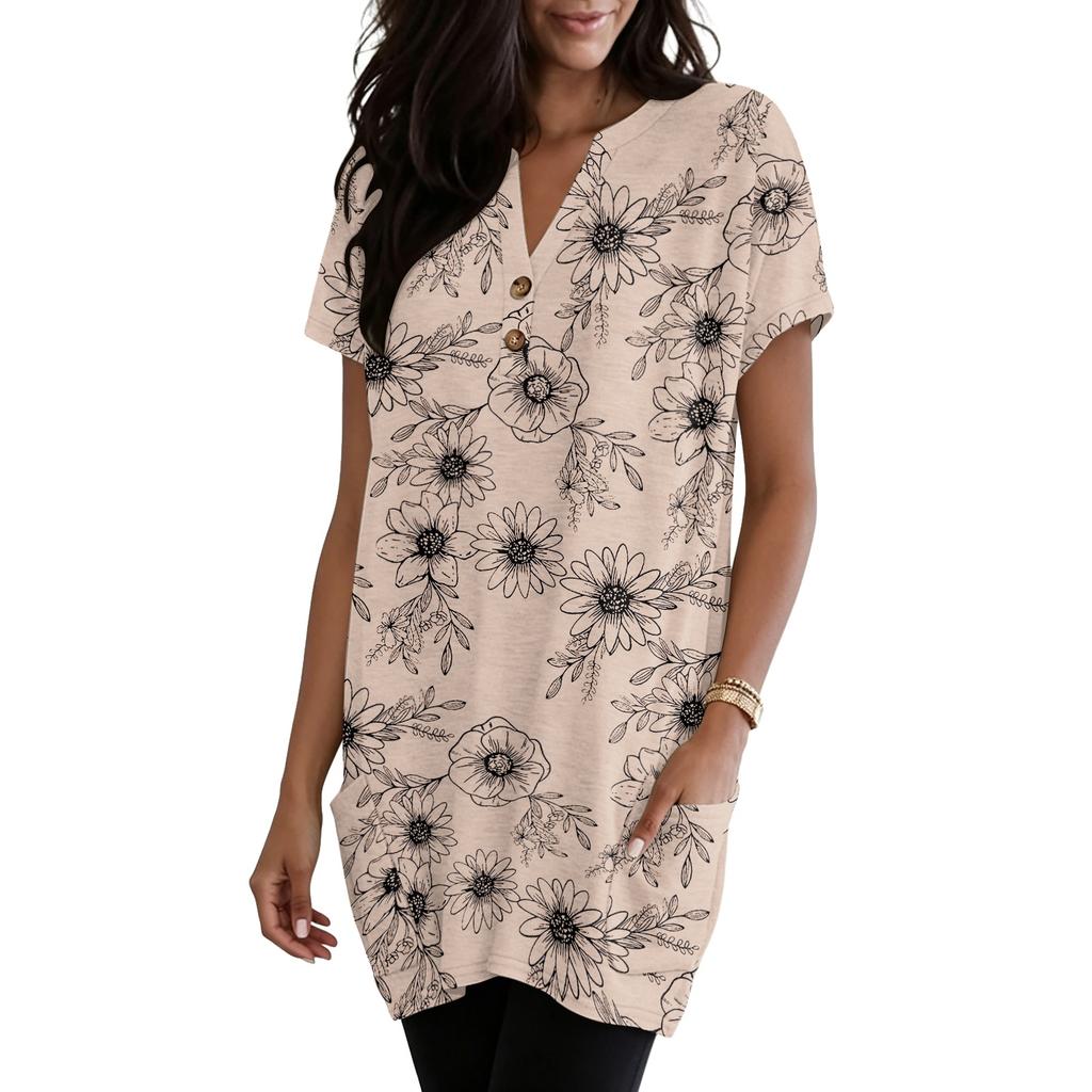 Women’s V Neck Vintage Floral Print Short Sleeve Pullover Top with Pockets Loose Fit Comfortable Design