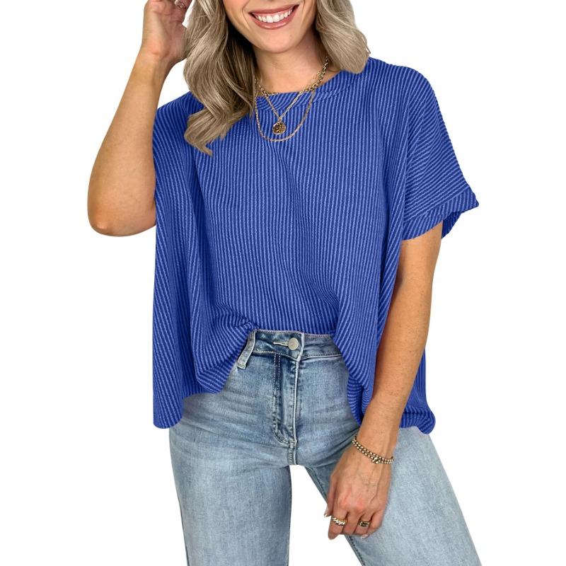Loose Round Neck Batwing Sleeve Striped Pullover Short Sleeve Casual T Shirt