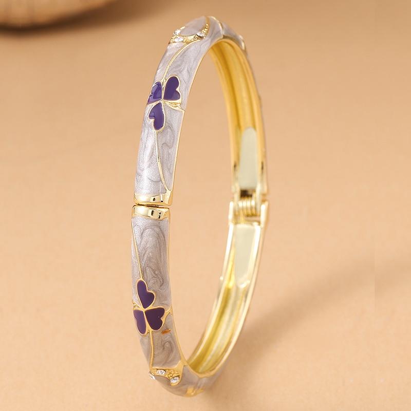 Fine Three-leaf Clover Set with Diamonds Bracelet For Women Gold Color Plated Ethnic Flower Enamel Bracelet Luxury Jewelry