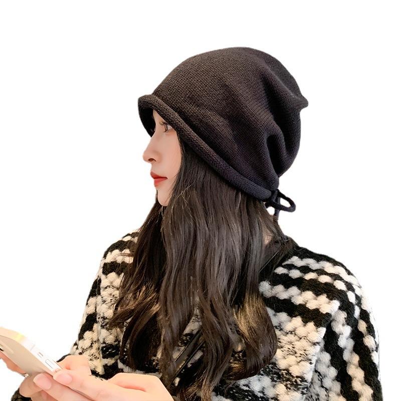 Drawstring Knitted Hat for Women in Autumn and Winter Curled Solid Color Pile Hat Pullover Cold Hat Showing Face Small Confinement Hat