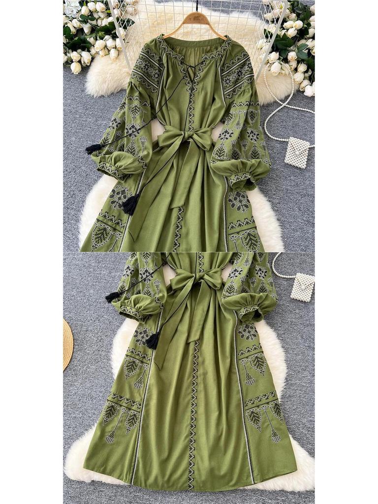 Bohemian Embroidered Lantern Sleeve Tie-Waist Dress for Women