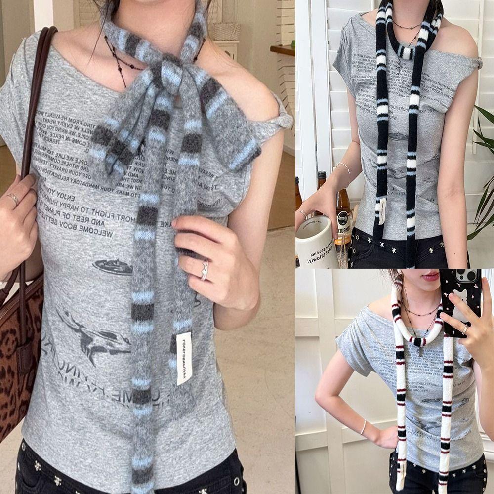 Koreanischer gestrickter gestreifter Skinny Schal stapelbar tragbar warmer Halswärmer weich DIY langer schmaler Schal Damen