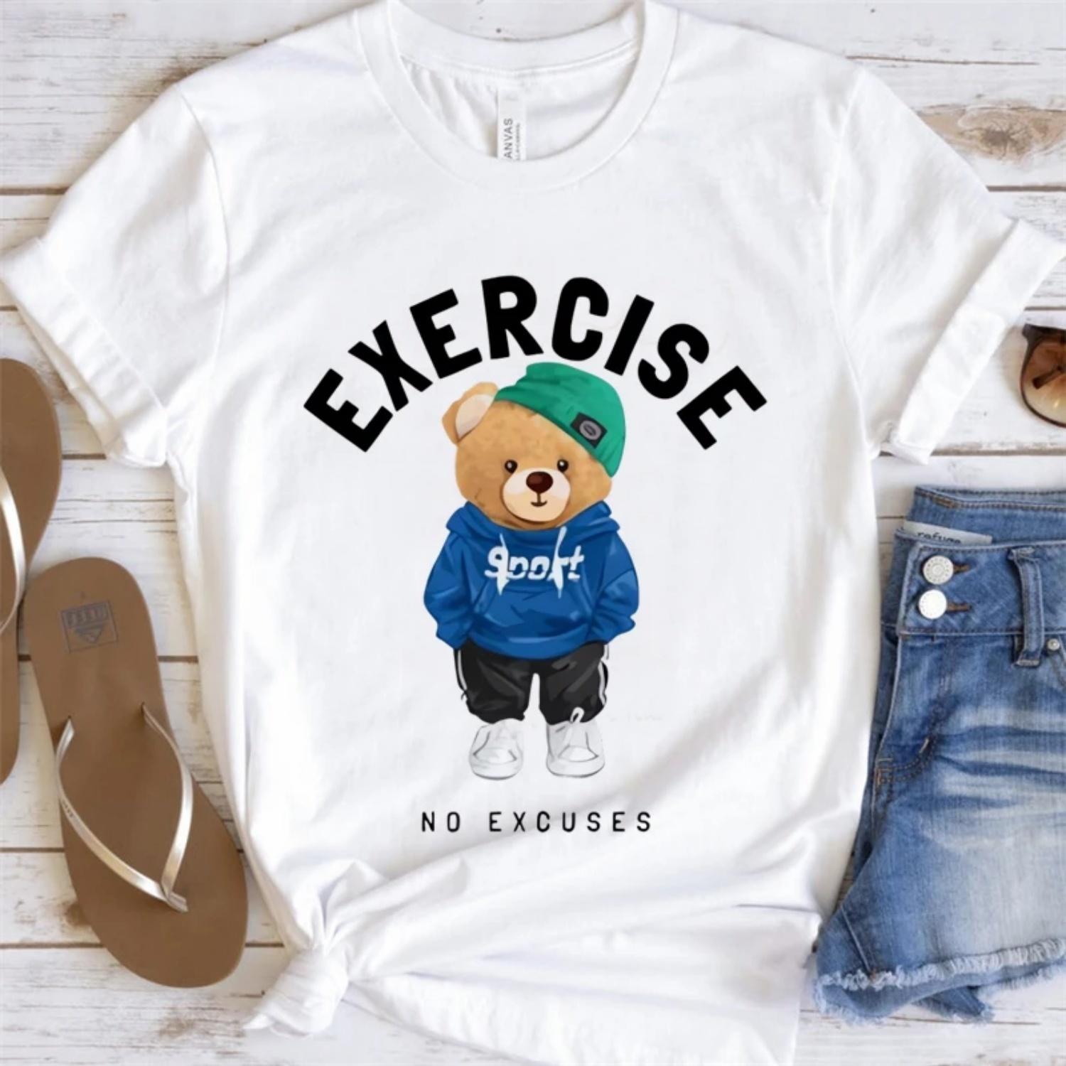 Exercise No Excuses Bear in Sportswear Women s Summer Casual T-Shirt Short Sleeved Cute Pattern Fashion Tee Basic Top for Lady S