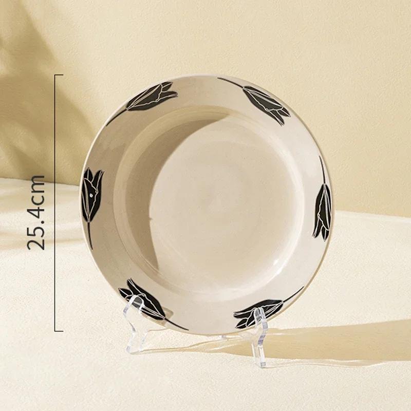 Retro Flowers Ceramic Plate Light Luxury Restaurant Steak Plate Afternoon Tea Dessert Fruit Plates Exquisite Black Tableware