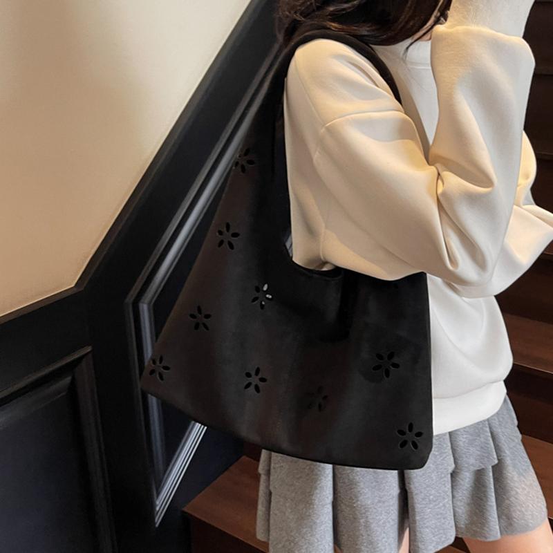 Faux Suede Women's Hollow Flower Shoulder Bags Matte Leather Female Underarm Bag Vintage Large Capacity Female Tote Handbags