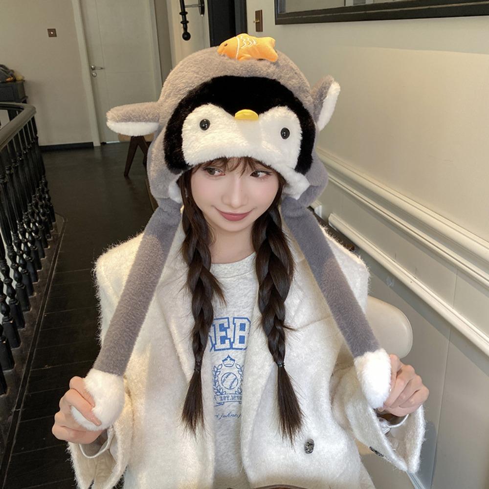 Kawaii Fluffy Pullover Hat Windproof Warm Lei Feng Cap Sweet Penguin Ear Moving Hat Girls