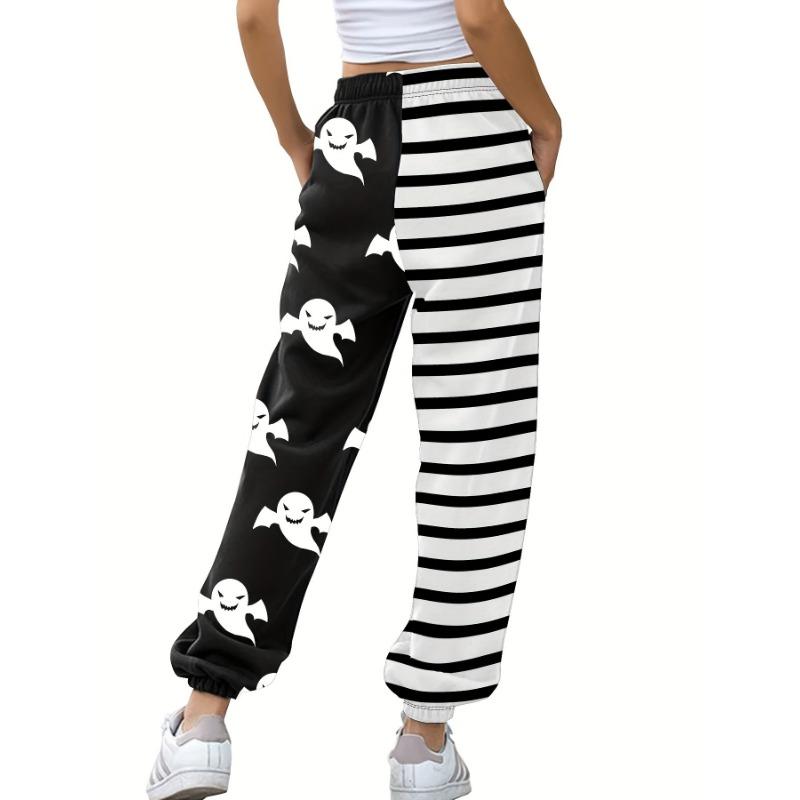 Color Block Ghost & Stripe Print Joggers, Halloween Slant Pockets Byxor för vår och höst, damkläder