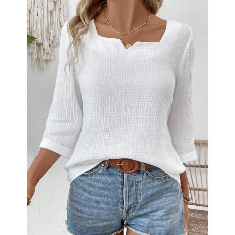 

YYFS Женская мода Повседневная Летняя Весна Однотонный Принт Рукава 3/4 V-образный Вырез Блузки и Рубашки XXL белый