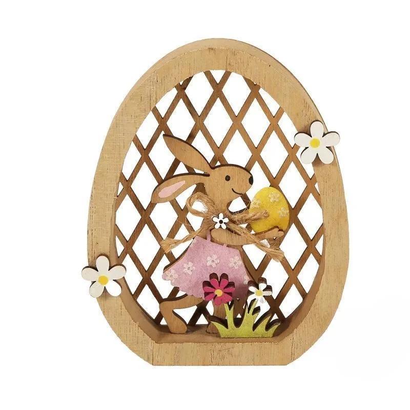 Wooden 2024 Easter Bunny Egg Ornament Rabbit Hollow Carved Flower Craft Wooden Chick Easter Egg Desktop Decoration Gift