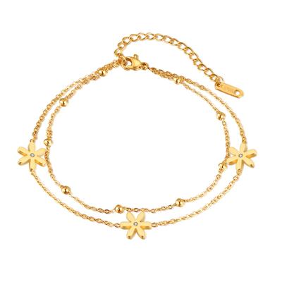 Simple Niche Temperament Stainless Steel Flower Inlaid Zircon Double Layer Stacked Titanium Steel Anklet