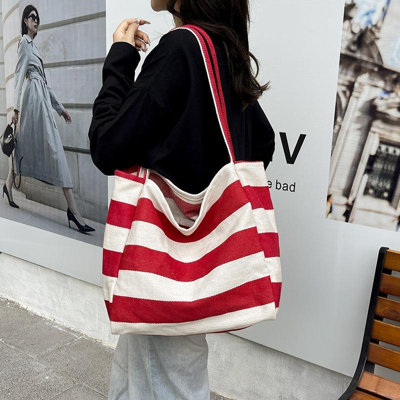 Literary Contrasting Color Striped Canvas Bag Tote Large Capacity Shoulder Lazy Shopping Bag Large Bag