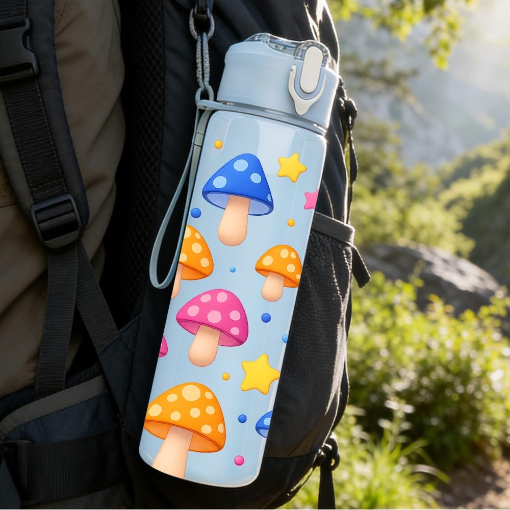 1PC Mushroom Moon Star Night Cartoon Print 750ml Color Plastic Sports Water Bottle Leakproof Flip Straw Lid Suitable for Sports Office Home Use