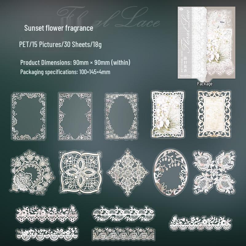 Beautiful Day PET Sticker Series: Floral Lace Journal Decorations, Set of 6