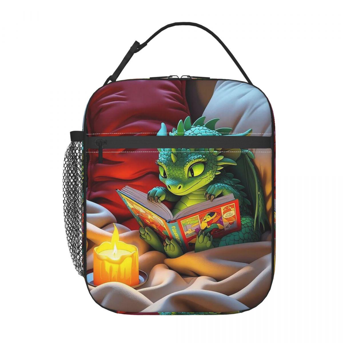 

Cute Dragon Reading Book Insulated Lunch Bag for Women Kids Portable Food Boxes Thermal Lunch Box Tote One Size