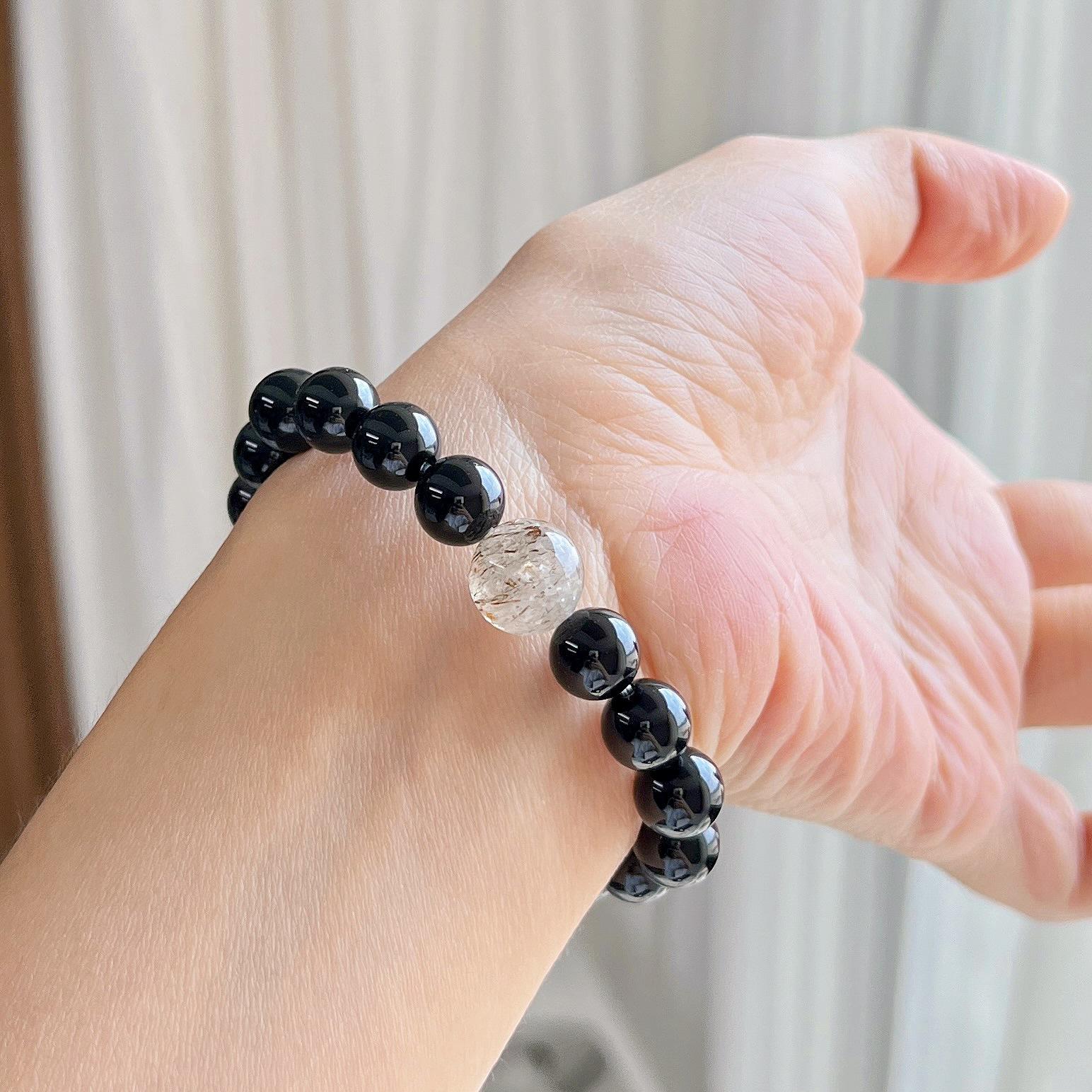 Natural Black Agate Black Gold Super Seven Design Bracelet Bracelet