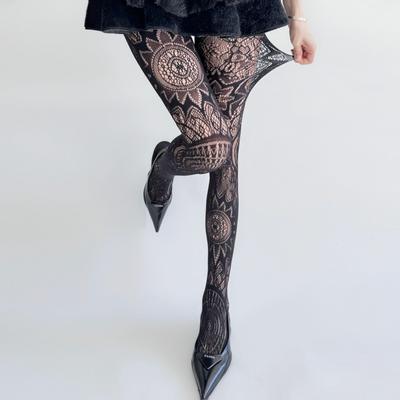 Retro Tattoo Sexy Black Hollow Pattern Jacquard Bottom Women'S Fishnet Socks