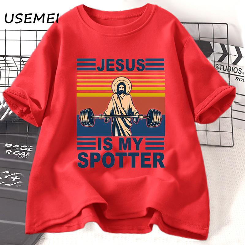 Fitness Jesus Is My Spotter T-shirt Men Casual Vintage Religious Faith Gym T Shirt Christian Funny Faith Tshirt Cotton Clothes