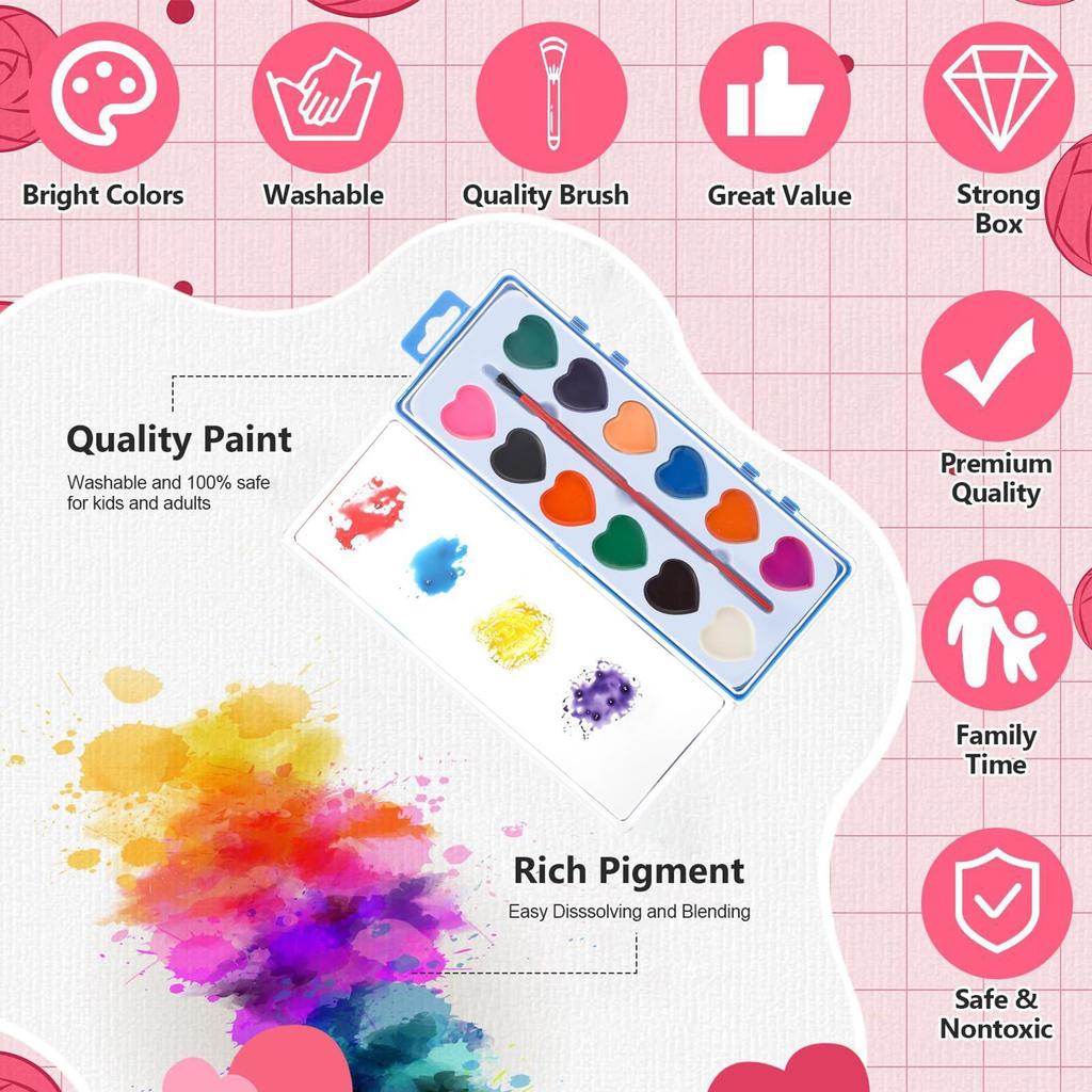 Heart Shaped Watercolor Paint Set Washable Non-Toxic for Kids Beginners, Classroom Homeschool Party, Valentine Birthday Gift Set