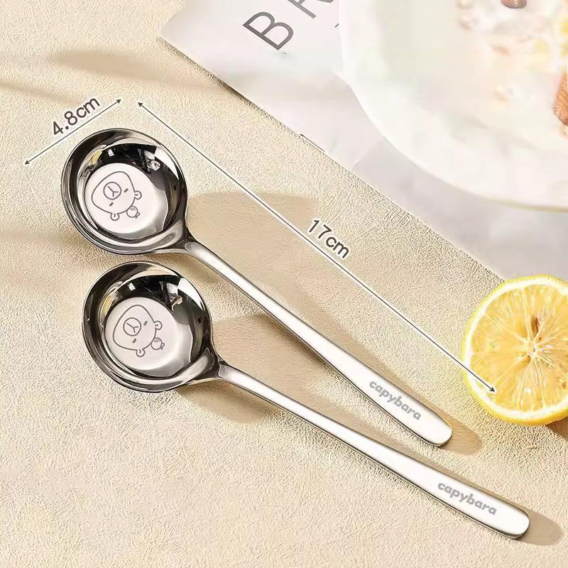 Cartoon Kapybala Stainless Steel Tableware Flat-Bottomed Spoon Chinese-Style Tablespoon For Children Thickened Soup Dinnerware