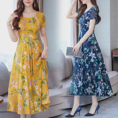 2021 Yaz Kadın Kısa Kollu Çiçekli Diz Boyu Yuvarlak Yaka ve Slim Fit Elbise