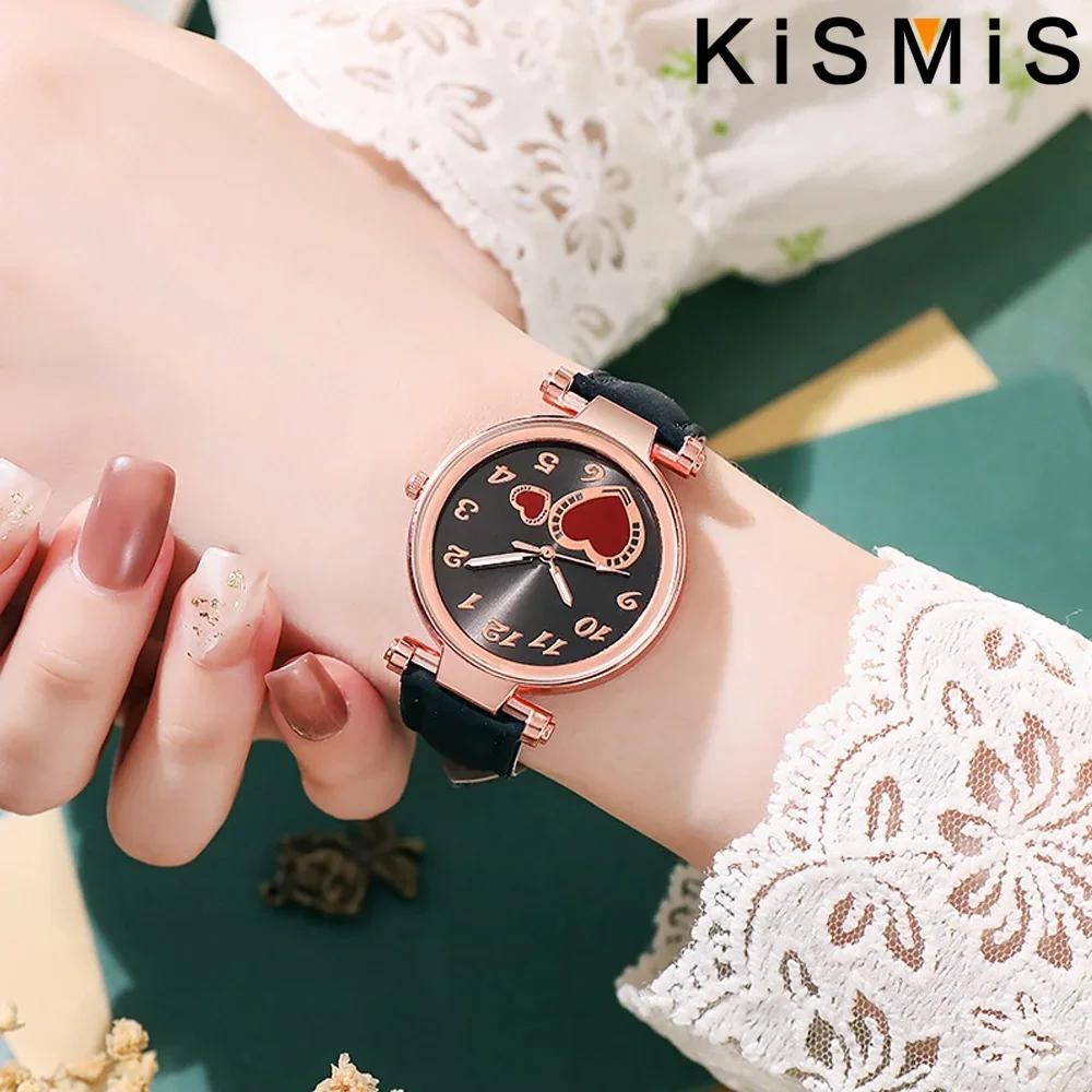 Relógio Feminino Moda Relógio de Quartzo Coração de Pêssego para Mulheres Pulseira de Couro Fosco Relógio de Pulso Feminino Relógio Casual de Vestir Presente para Ela