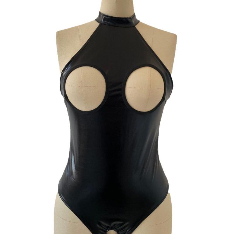 New sexy temptation black patent leather women's sexy hollow onesie