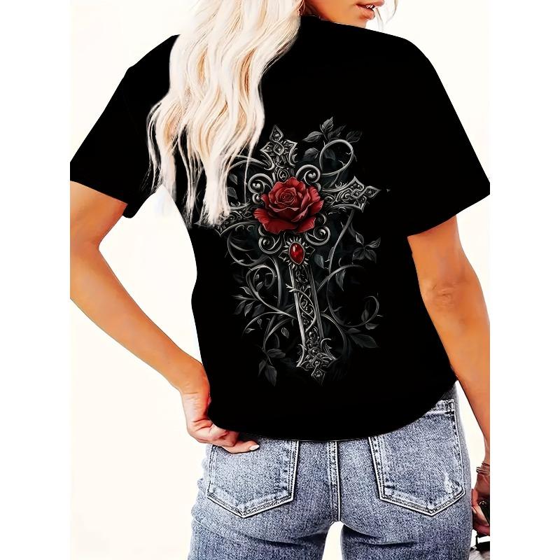 European Size Ladies Digital Print Short Sleeve T-Shirt | Artistic Style "Dark Rose Cross" Theme, Retro Gothic, Casual Crew Neck, Red Rose Cross Image