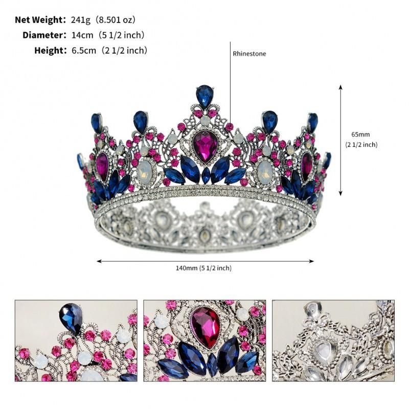 

Vintage Baroque Grand Crown Ball Party Dress Accessories Colorful Rhinestone Round Bridal