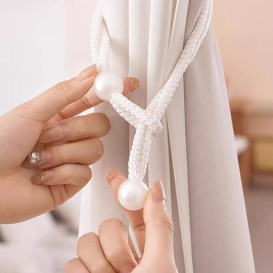 2Pcs Faux Pearl Curtain Tieback, Adjustable Window Curtain Holders Ties Backs, Drape Curtain Holdbacks for Home, Bedroom Decoration