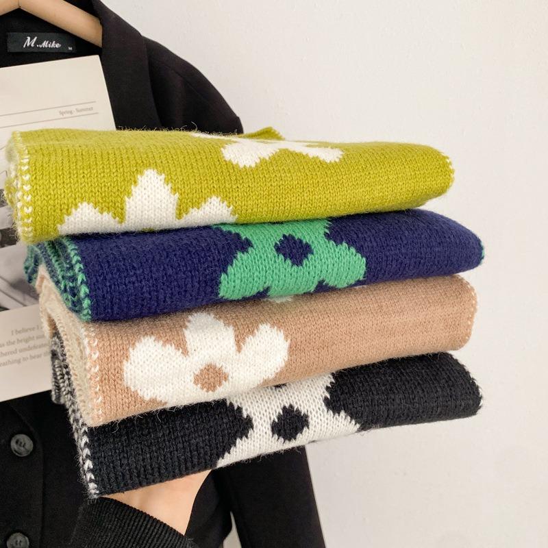 New flower solid color soft waxy knitted wool scarf female autumn and winter student versatile warm scarf