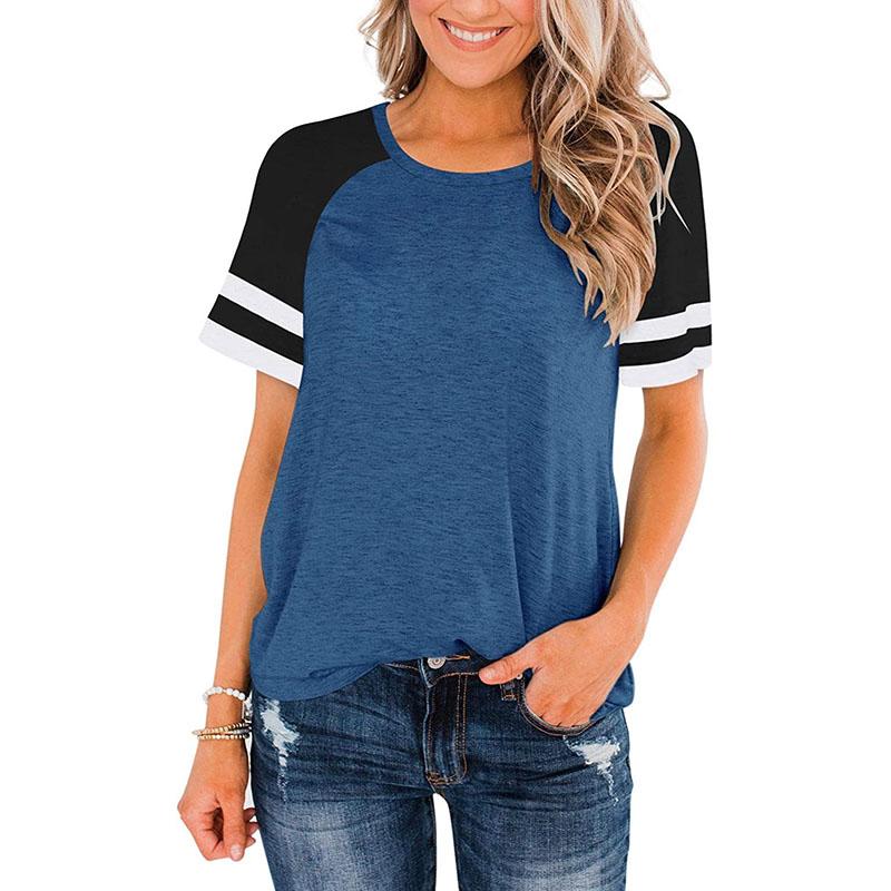 Women's Summer Fashion Large Striped Round Neck Contrast Panel Short Sleeve T-shirt Top