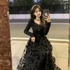 Gentle Wind Black Fried Street Dress Women's 2026 Autumn and Winter New Long-sleeved Waist Thin Mesh Floral Skirt