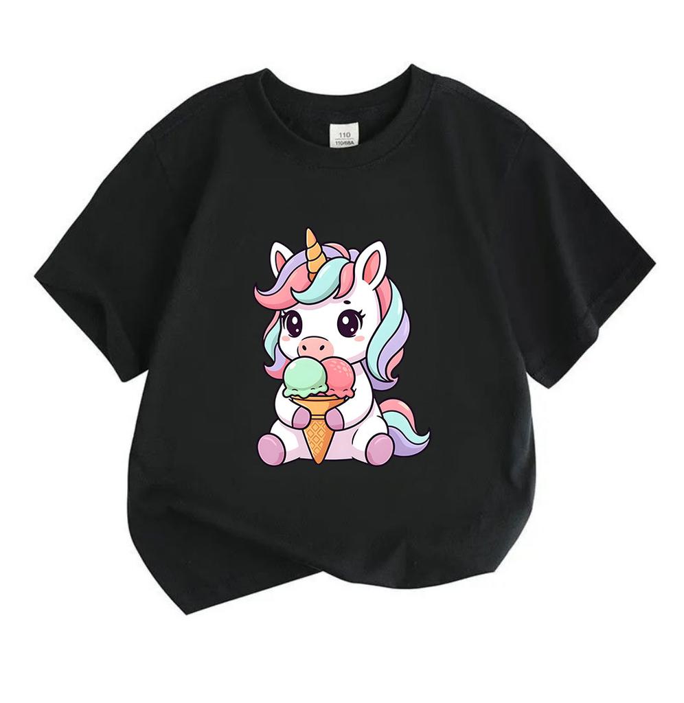 Kids Boys Girls Crew Neck Short Sleeve 100% Cotton T-Shirt, Cute Cartoon Unicorn Eating Ice Cream Pattern Casual Soft Breathable Tee Tops for Children