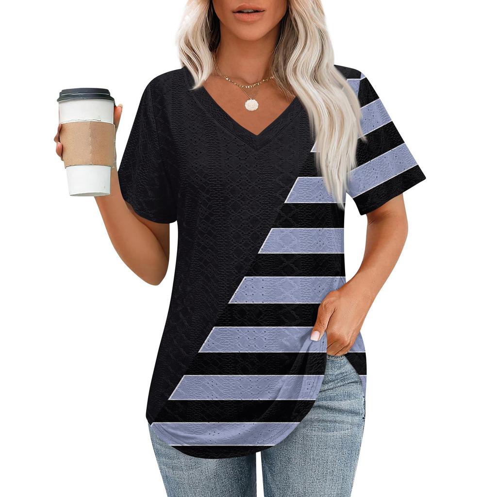 Womens T Shirts V Neck Short Sleeve Casual Tops Loose Fit Basic Tees With Curved Hem