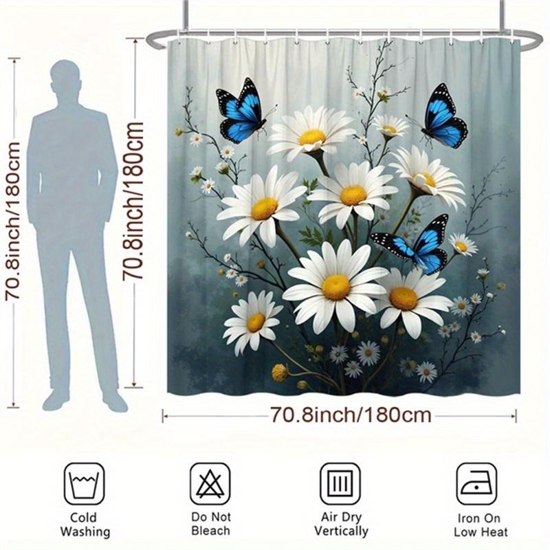 1pc Floral & Butterfly Shower Curtain - Polyester, Fashion Theme, 12 Hooks, Washable, 70.8x70.8", Easy Installation