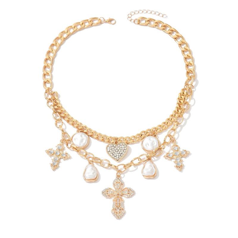 

Stacked love cross necklace cold wind multi-layer exaggerated imitation pearl pendant collarbone chain
