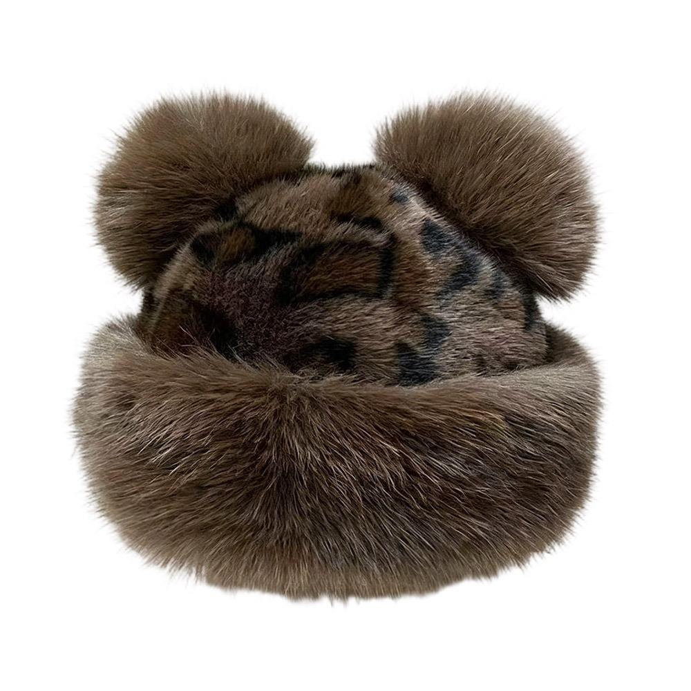 With Ear Plush Cute Bear Ear Beanie Leopard Print Women s Winter Hat 5