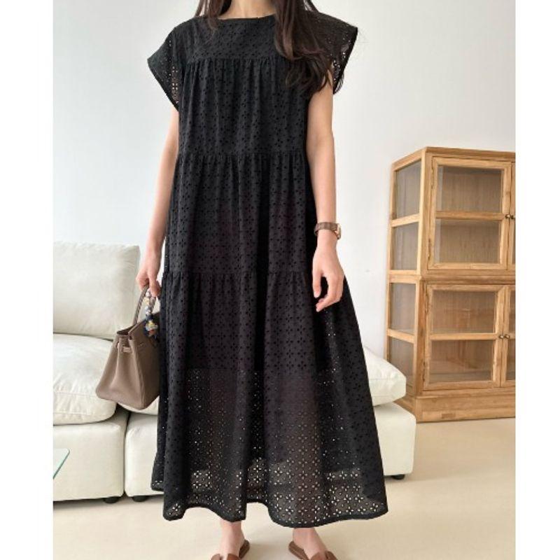 

Korean Style French style Sweet White round Neck Hollow out Crochet Loose Casual Mid-Length Short sleeve Dress Women Dress Black One size