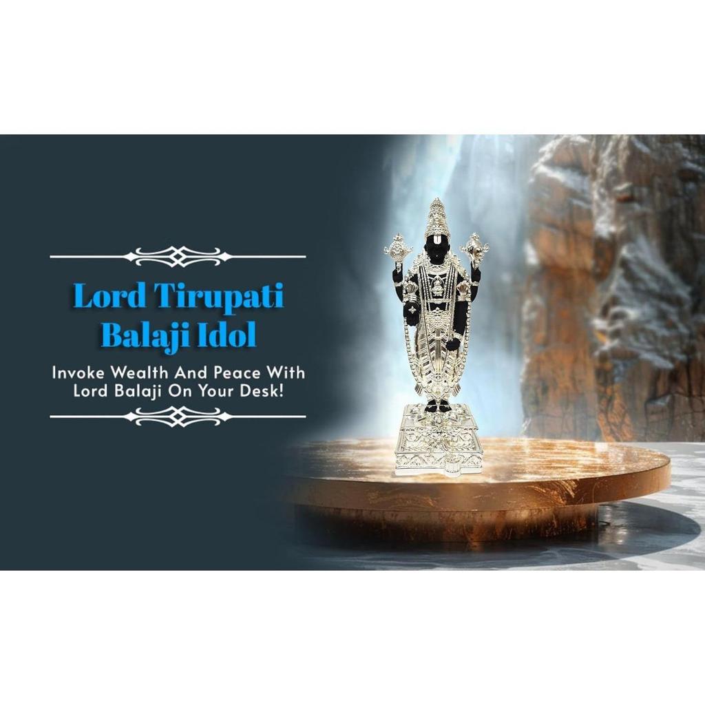 Lord Tirupati Balaji Silver Plated Black Terracotta Idol for Car Dashboard | Vishnu Ji Idol for Office Desk |