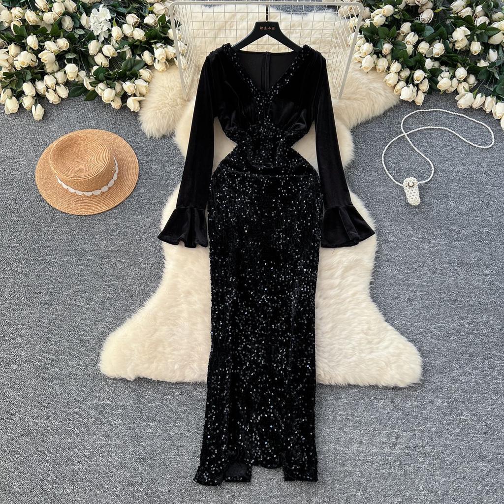 Vestidos de fiesta de noche para mujer de alta gama de celebridades sexys con escote en V de terciopelo con mangas acampanadas y empalme de lentejuelas y brillo