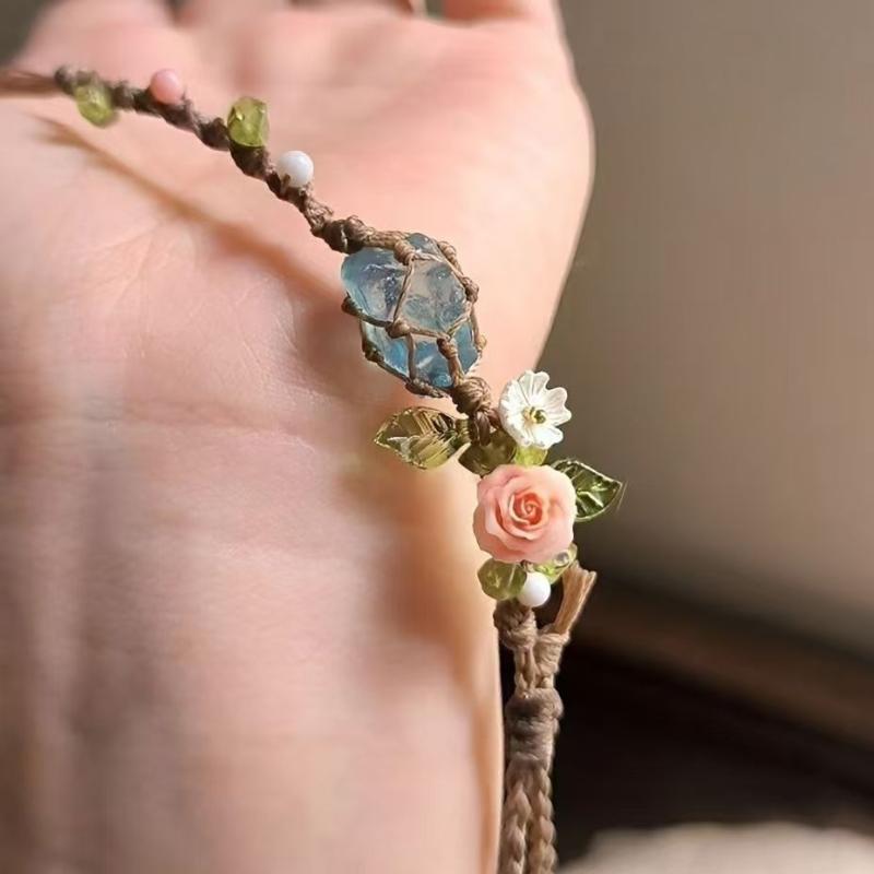 

Natural Rose Quartz Aquamarine Stone Beaded Handmade Bracelet Macrame Net Wrap Adjustable Rope Unisex Friendship Gift 1pc