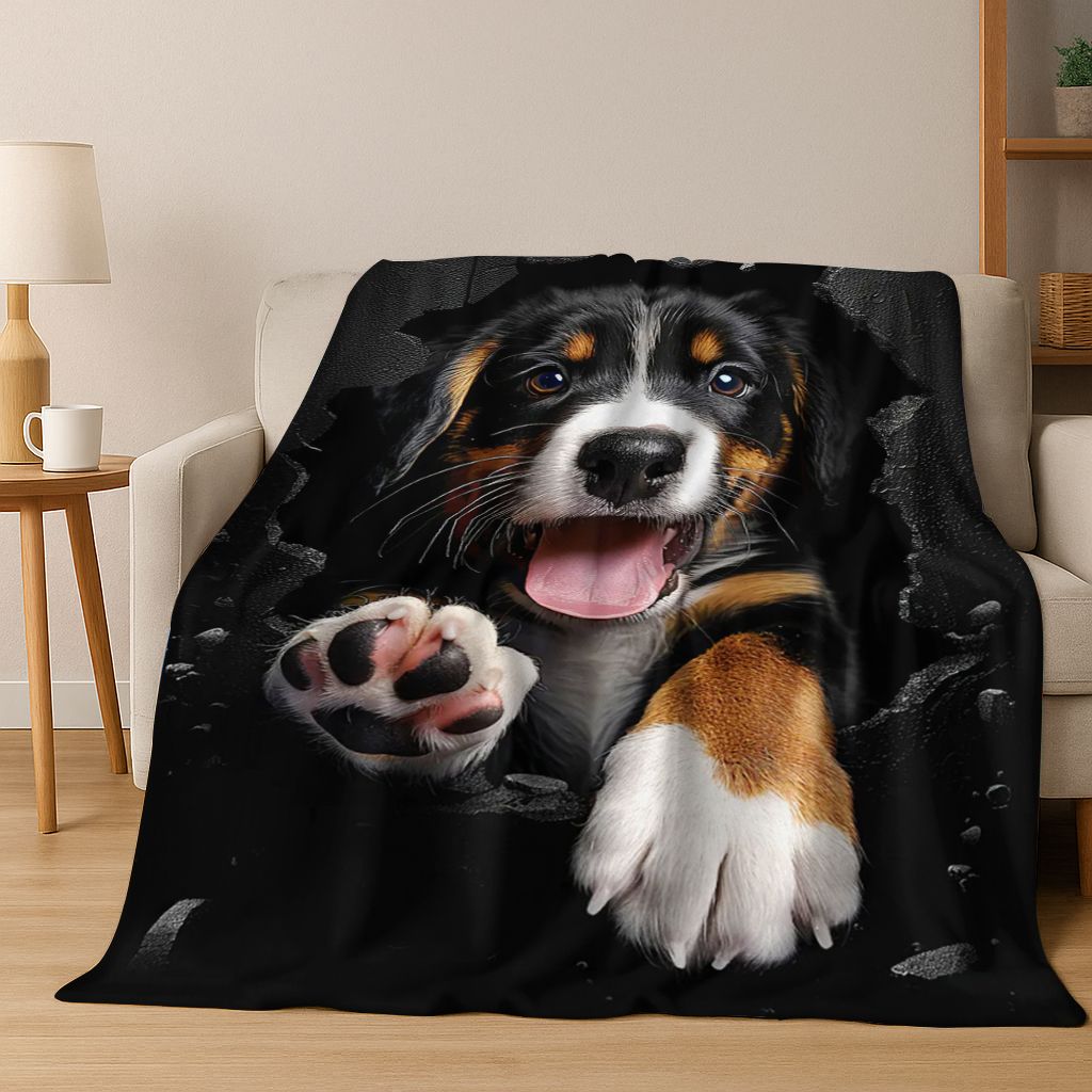 3D Illusion durchbrechende Wand Hund Welpe Niedliche Flanelldecke, Gemütliche Weiche Überwurfdecke für Zuhause Schlafzimmer Bett Sofa Picknick Abdeckung Geschenk Kind