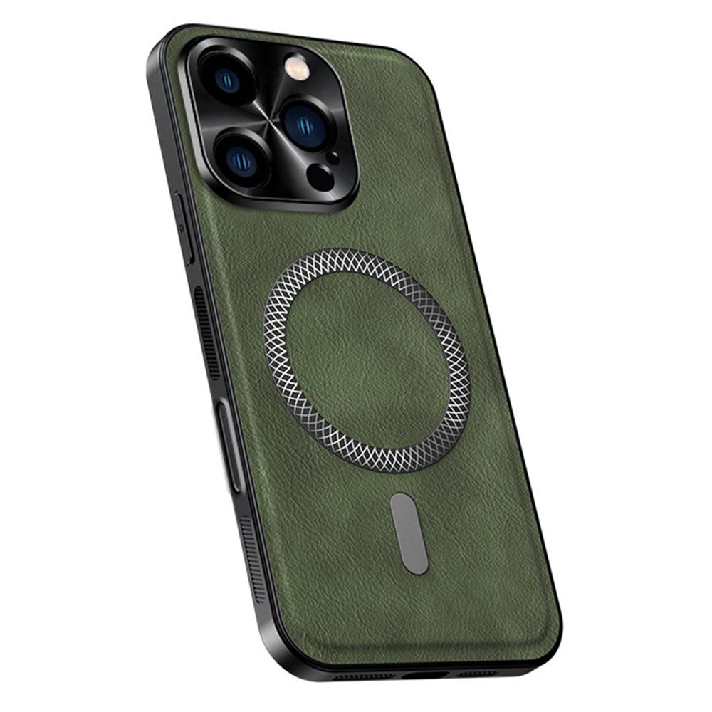 For iPhone 16 Pro Max Case Compatible with MagSafe PU TPU PC Phone Back Cover with Metal Lens Frame
