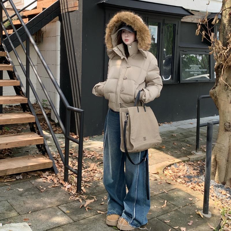Winter versatile navy blue hooded fur collar short cotton-padded jacket women's new warm thickened down cotton-padded jacket