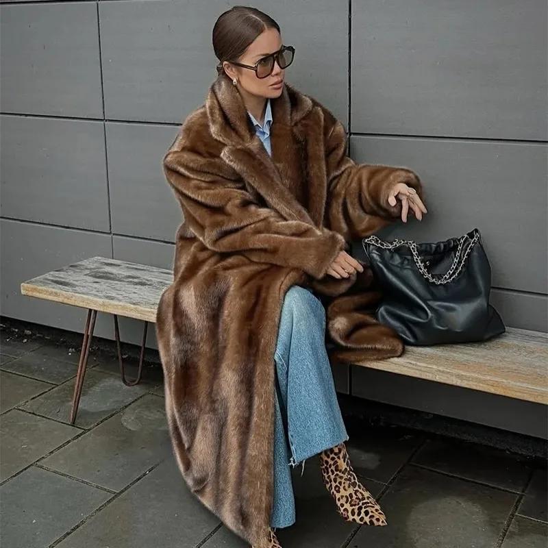 Fashion Mixed Color Lapel Collar Woman Long Coat Elegant Full Sleeve Loose Overcoat New Winter Lady High Street Faux Fur Jacket