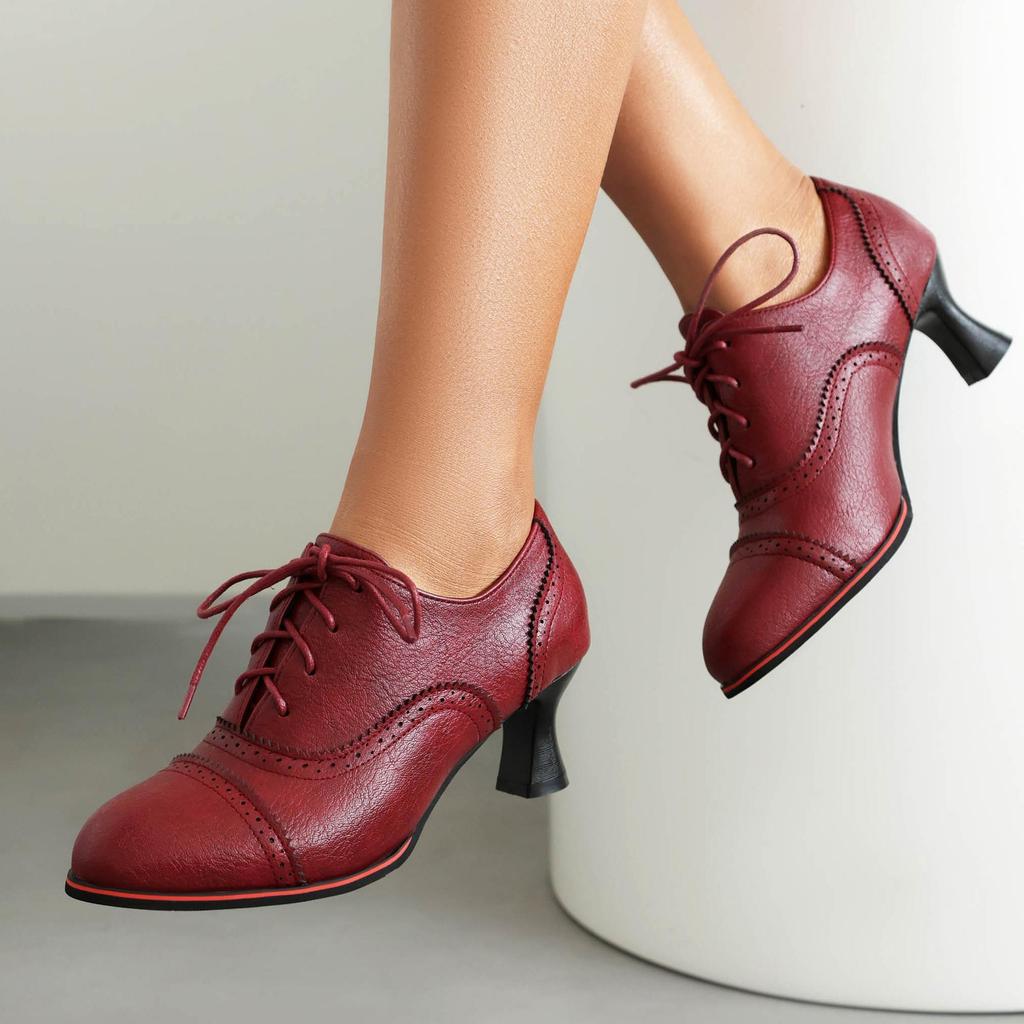 Q/Damen-Einzelschuhe mit hohem Absatz, Retro-Stil im britischen Stil, einfarbig, große Schnür-Low-Top-Schuhe
