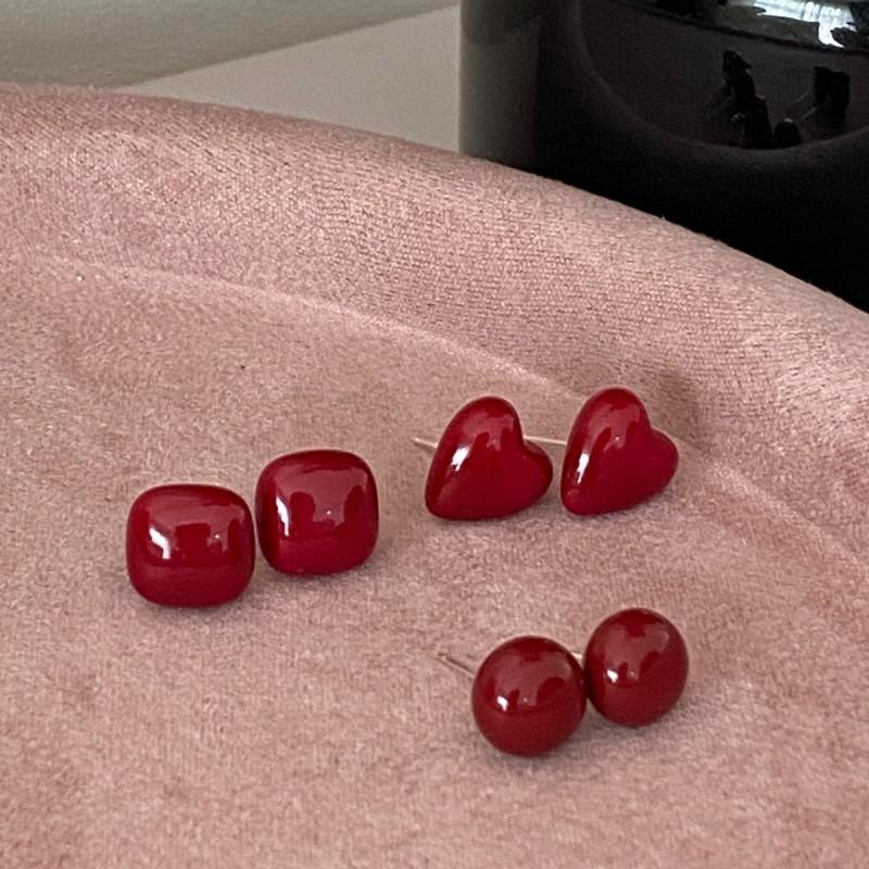 Wine Red Heart Square Round Stud Earrings Women Minimalist Winter Fashion Jewelry