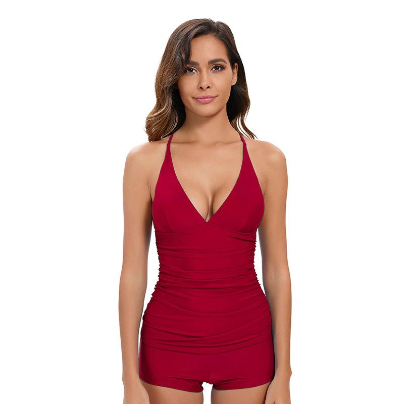 Jednobarevné dvoudílné plavky Dámské Sexy Bez zad Plavky Vysoký pas Boxerky Gini